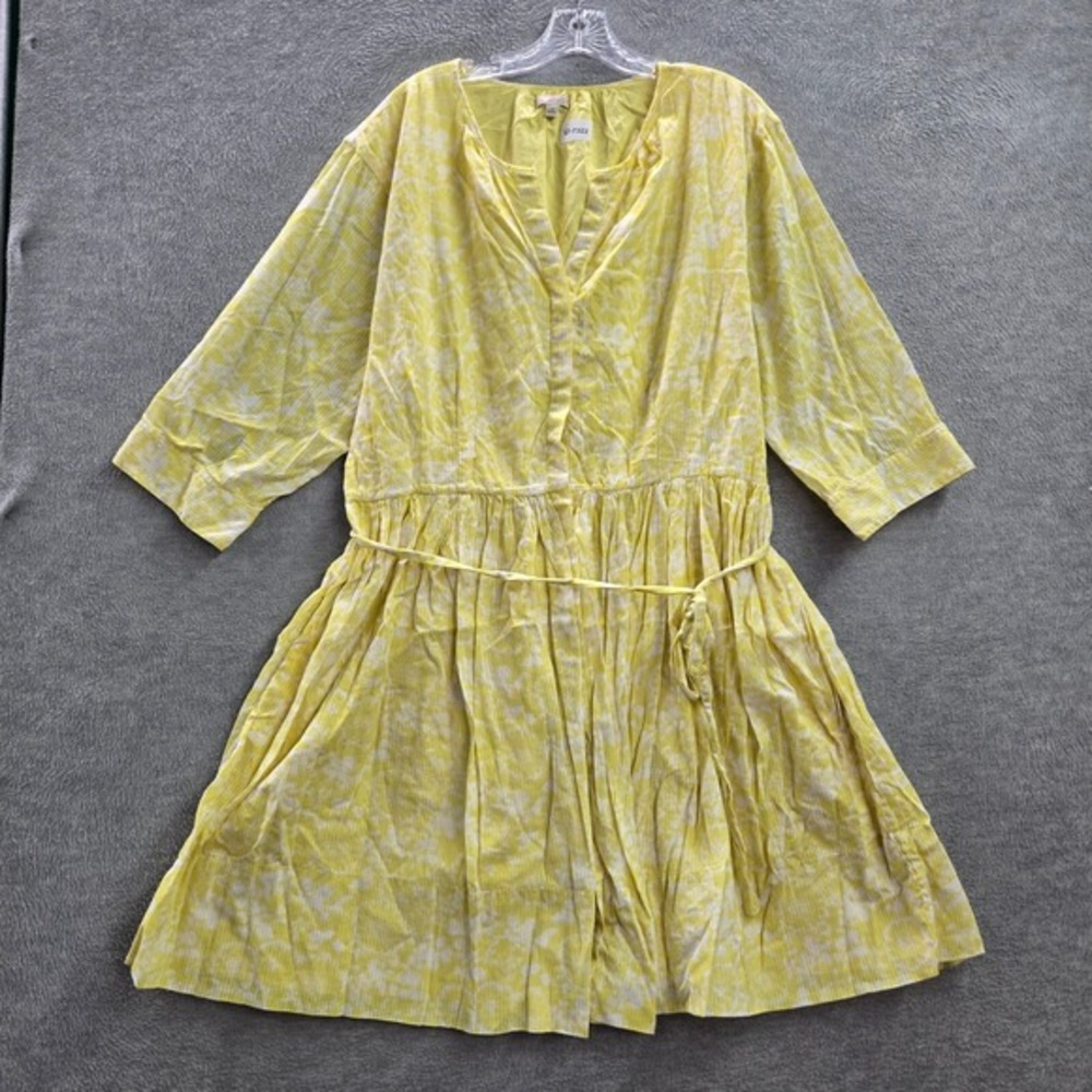 VINTAGE Gap Women Dress 20 Yellow Boho Pleated 3/4 Sleeve V Neck Waist Tie